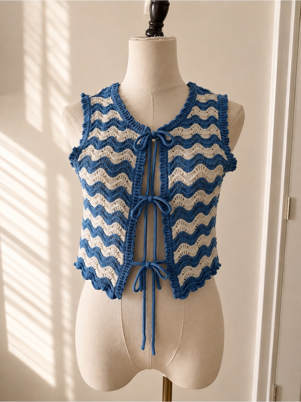 Joie Blue & White Crochet Tie-Front Vest Top XS